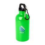 Botella de acero inoxidable reciclado con mosquetón 400ml color verde fluorescente vista impresión tampografía