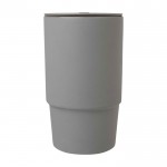 Taza de cerámica con tapa de plástico y asa grande 450ml color gris segunda vista frontal