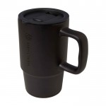 Taza de cerámica con tapa de plástico y asa grande 450ml color negro vista impresa logo 2