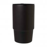Taza de cerámica con tapa de plástico y asa grande 450ml color negro segunda vista frontal