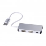 Hub USB de aluminio con 2 puertos USB A y 1 puerto USB C color plateado tercera vista