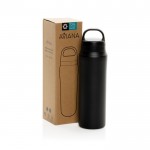 Botella de agua en acero inoxidable reciclado con tapa dual 470ml color negro vista con caja