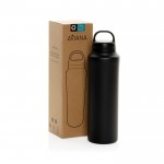 Botella térmica acero inoxidable reciclado resistente al sudor 740ml color negro vista con caja