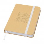 Libreta de tapa dura de papel reciclado con cinta A6 hojas lisas color blanco vista detalle con logo