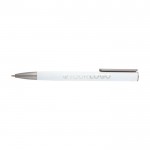Bolígrafo de aluminio reciclado con clip de plástico tinta negra color blanco tercera vista frontal