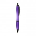 Bolígrafo de plastico reciclado con detalles negros tinta negra color morado segunda vista lateral