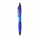 Bolígrafo de plastico reciclado con detalles negros tinta negra color azul real vista lateral
