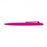 Bolígrafo de plástico reciclado con diseño minimalista tinta azul color fucsia segunda vista frontal