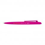 Bolígrafo de plástico reciclado con diseño minimalista tinta azul color fucsia vista impresión tampografía