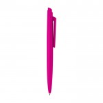 Bolígrafo de plástico reciclado con diseño minimalista tinta azul color fucsia segunda vista lateral