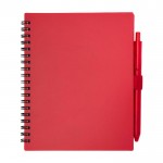 Libreta de plástico reciclado con bolígrafo con soporte tinta azul color rojo segunda vista frontal