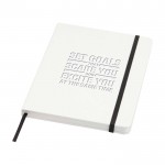 Libreta de tapa dura y papel de piedra A5 hojas a rayas color blanco vista detalle con logo