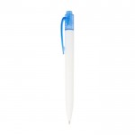 Bolígrafo bicolor de plástico marino reciclado de tinta negra color azul vista lateral