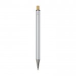 Bolígrafo de aluminio reciclado con pulsador de bambú tinta azul color plateado segunda vista trasera