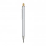 Bolígrafo de aluminio reciclado con pulsador de bambú tinta azul color plateado vista lateral