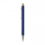 Bolígrafo de aluminio reciclado con pulsador de bambú tinta negra color azul marino vista lateral