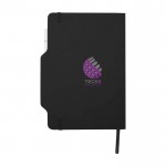 Libreta con orificio para móvil con tapa dura A5 hojas a rayas color negro vista impresión tampografía