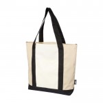 Bolsa de RPET con cremallera en parte superior y bolsillo delante color beige tercera vista