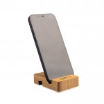 Soporte de bambú para móviles y tablets con distintos tamaños color marrón claro vista con logo impreso