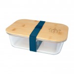 Fiambrera de vidrio con tapa de bambú y sellado de silicona 1L color azul cian vista impresa logo 2