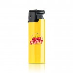 Mechero electrónico con llama resistente a la fuerza del viento color amarillo vista con logo impreso