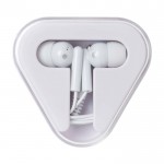 Auriculares sencillos con conector de audio y estuche triangular color blanco segunda vista frontal