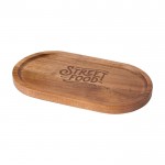 Bandeja elegante para servir de madera de acacia de calidad color madera vista impresa logo 2