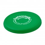 Frisbee redondo de plástico reciclado con acabado moteado color verde vista impresión serigrafía