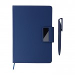 Libreta de PU reciclado con hojas a rayas A5 y bolígrafo tinta azul sexta vista