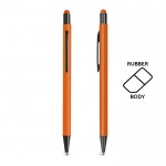 Bolígrafo de aluminio con cuerpo goma y puntero en tinta azul color naranja