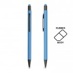 Bolígrafo de aluminio con cuerpo goma y puntero en tinta azul color turquesa