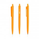 Bolígrafo ecológico con cuerpo monocolor y clip ancho tinta azul color naranja vista con logo impreso