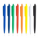 Bolígrafo ecológico con cuerpo monocolor y clip ancho tinta azul vista con varios colores