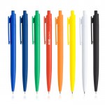 Bolígrafo ecológico con cuerpo monocolor y clip ancho tinta azul vista con logo impreso