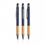 Bolígrafo de aluminio y corcho con tacto de goma tinta azul color azul marino vista con varios colores