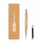 Roller elegante de metal y corcho con caja magnética tinta azul vista con logo impreso
