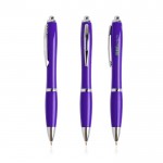Bolígrafo de plástico de los océanos detalles cromados tinta azul color violeta vista con logo impreso