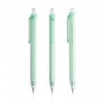 Bolígrafo triangular de plástico con detalles transparentes tinta azul color verde menta vista con logo impreso