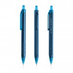 Bolígrafo triangular de plástico con detalles transparentes tinta azul color azul petróleo vista con logo impreso