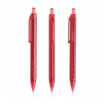 Bolígrafo triangular de plástico con detalles transparentes tinta azul color rojo oscuro vista con logo impreso