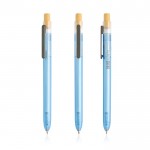Bolígrafo de plástico de océanos con pulsador de bambú tinta azul color turquesa vista con logo impreso