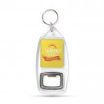 Llavero con abrebotellas y cápsula para papel personalizado vista con logo impreso