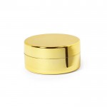 Bálsamo labial en tarrito con tapa y aroma a vainilla con SPF15 color dorado vista con logo