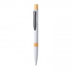 Bolígrafo pulsador de aluminio con detalle de bambú y tinta azul color blanco primera vista