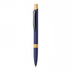 Bolígrafo pulsador de aluminio con detalle de bambú y tinta azul color azul marino primera vista