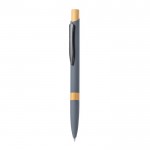 Bolígrafo pulsador de aluminio con detalle de bambú y tinta azul color gris primera vista