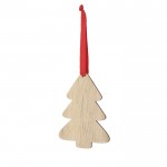 Adorno con diseño de gorro de Navidad hecho de madera y listón rojo primera vista