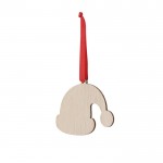 Adorno con diseño de gorro de Navidad hecho de madera y listón rojo color madera primera vista