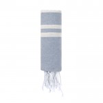 Fino pareo de algodón y poliéster de rayas y flecos blancos 150 g/m2 color azul claro primera vista