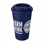 Vaso de café para llevar de plástico color azul oscuro vista con logo